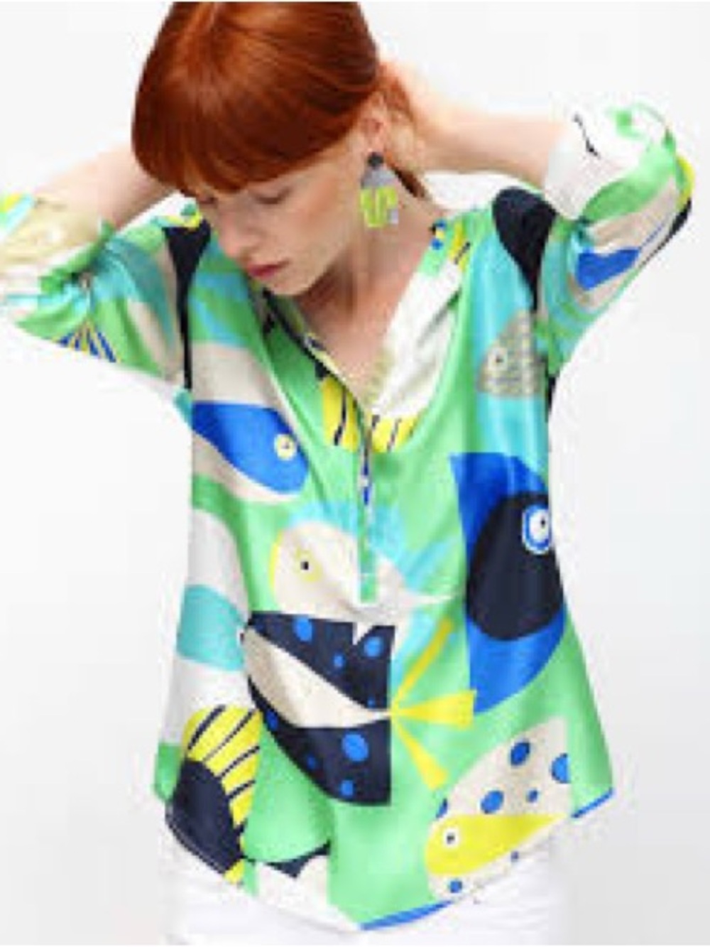 Women’s Silk Fish Patterned V-Neck Printed Tunic Top